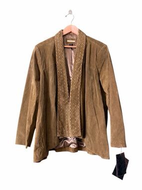 NWT IMAN Green Suede 100% Leather Open Front Blazer Jacket Laser Cut Lapel Sz 2X